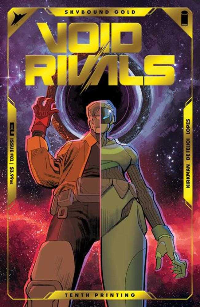 Comic book cover with a split character in front of a void, gold text, and yellow border.