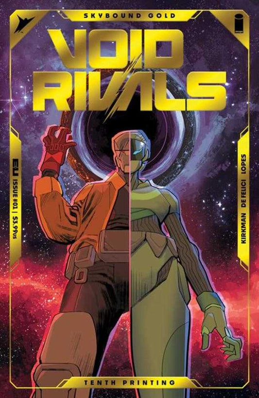 Comic book cover with a split character in front of a void, gold text, and yellow border.