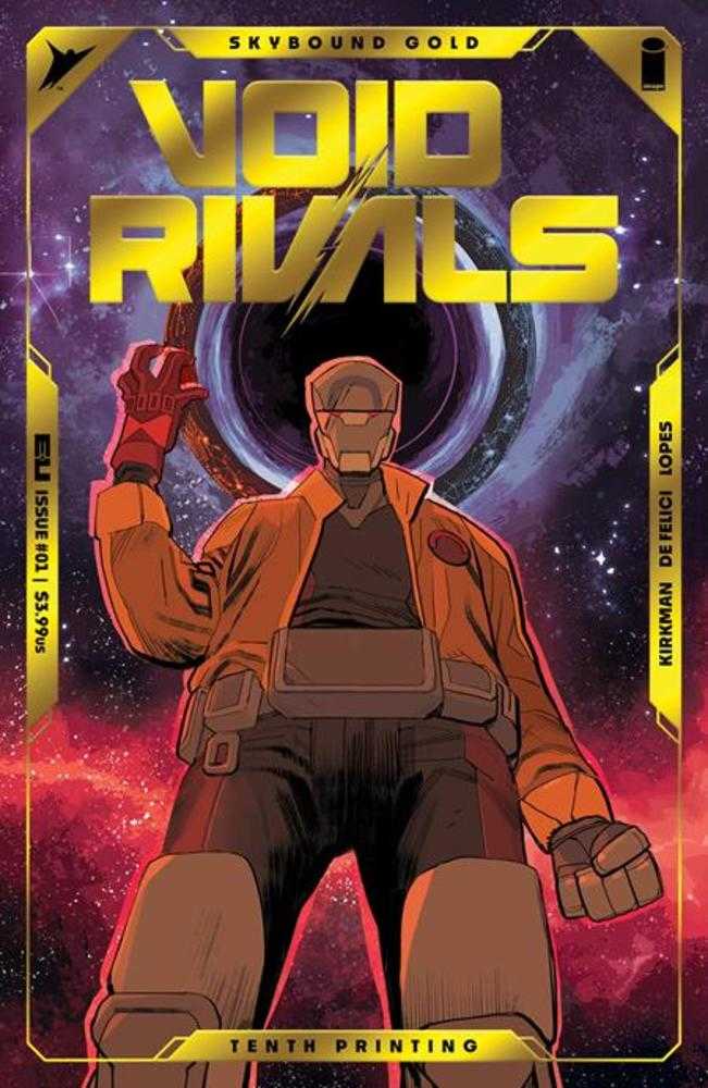 Comic book cover featuring a character in an orange jacket and stylized mask against a space background.