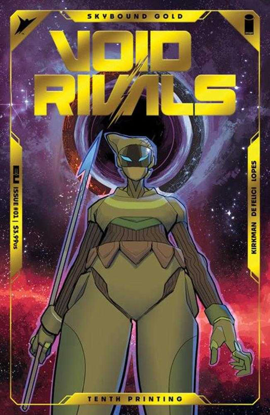 Comic book cover featuring a humanoid figure in olive-green armor with a pointed helmet and glowing blue eyes, standing against a cosmic backdrop with a vortex. The title "VOID RIVALS" is emblazoned in golden, block letters at the top.