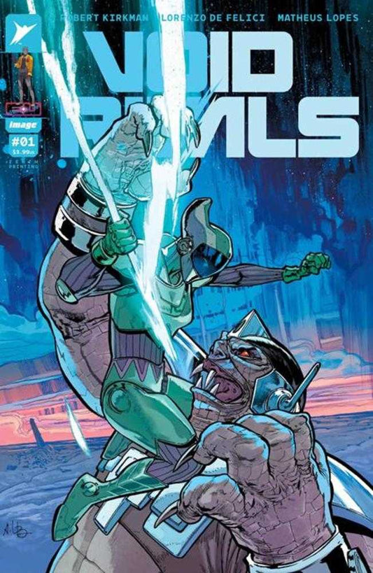 Comic book cover: Sci-fi armored figures clash, with blue title "Void Rivals."