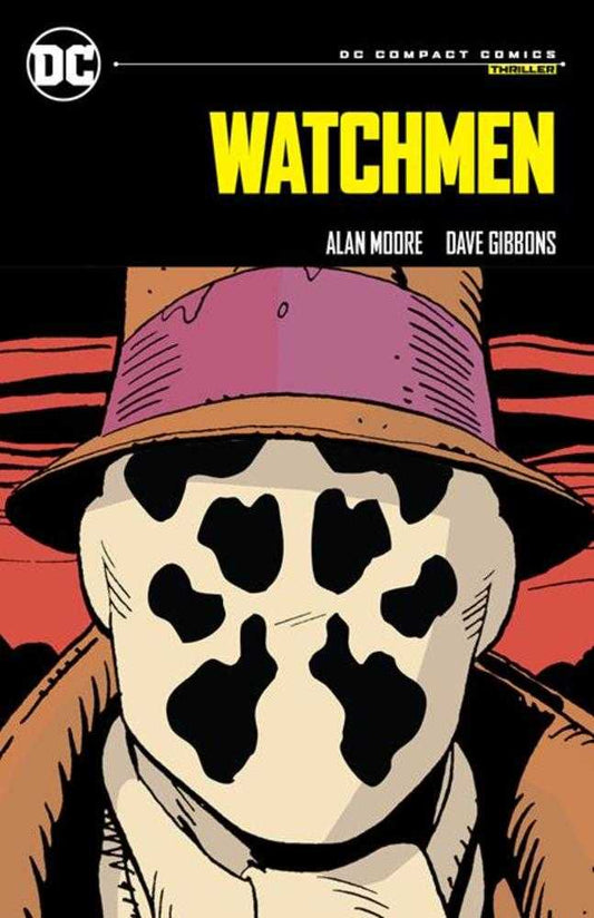 Comic book cover for "Watchmen." Rorschach in a hat and tan coat. Yellow "Watchmen" title above. Authors Alan Moore and Dave Gibbons listed.