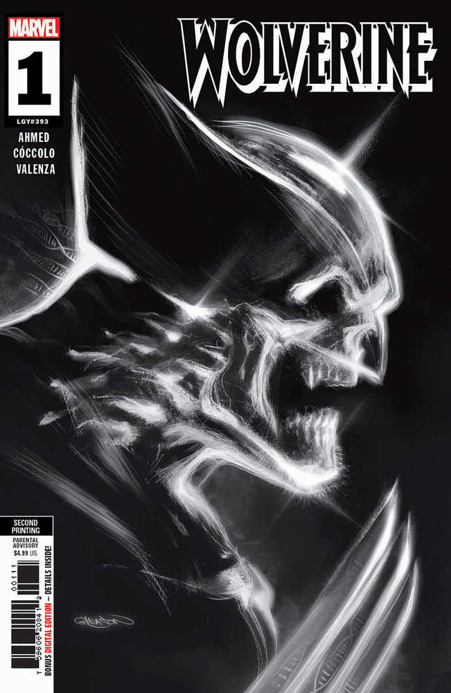 Wolverine comic book cover with white Wolverine head and claws on black background.