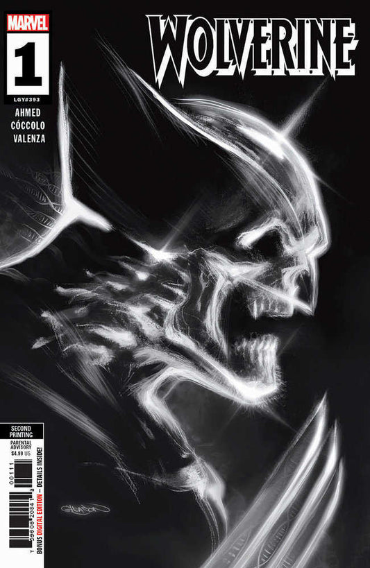 Wolverine comic book cover with white Wolverine head and claws on black background.