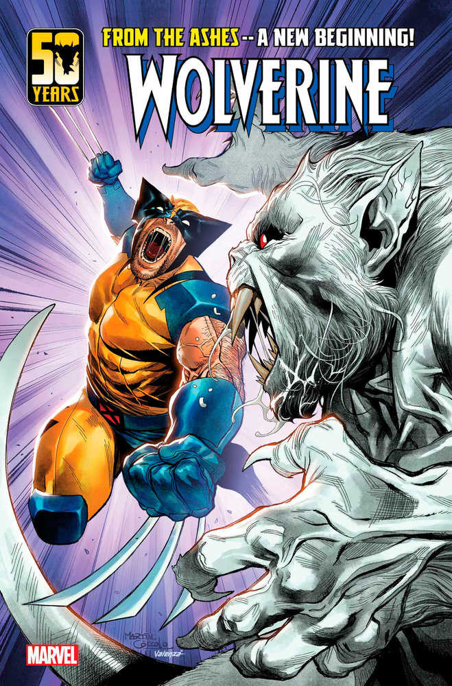 Comic book cover featuring Wolverine with claws extended against a monster with white fur.