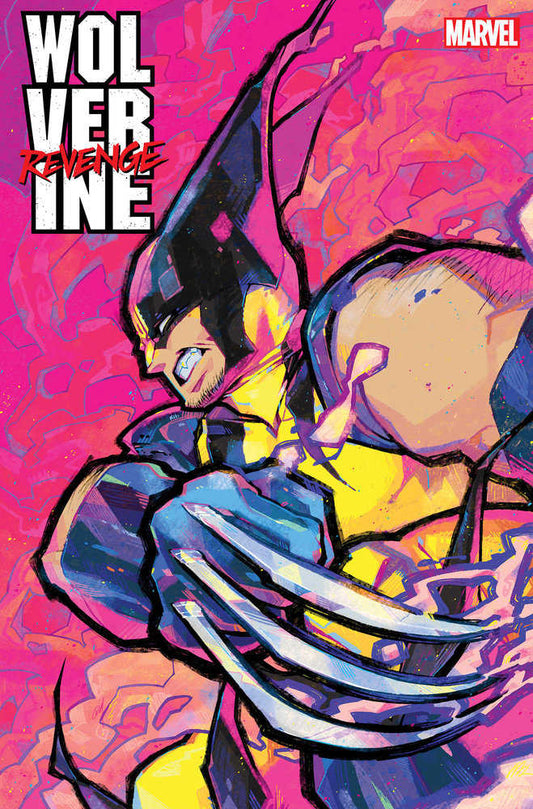 Comic book cover: Wolverine in yellow and black suit, claws extended, pink background.