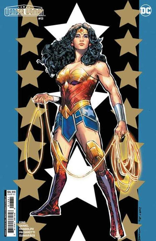 Wonder Woman comic book cover with blue, black, and star background.