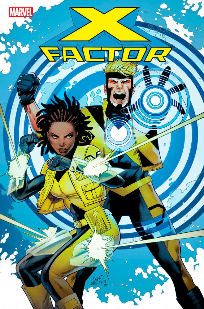 Comic book cover featuring two characters in yellow and black X-Factor uniforms. One character is a woman with dark skin and dreadlocks, posed with fists up. The other character is a blonde man with an open mouth. The background is blue with concentric circles and white clouds.