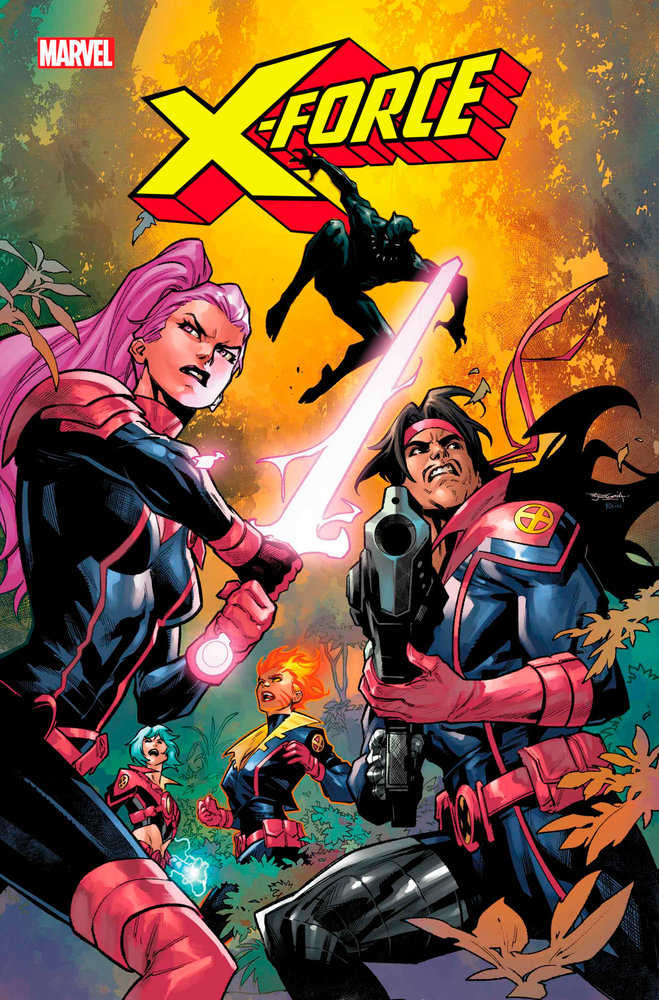 Comic book cover art for Marvel's X-Force, featuring Psylocke with a glowing sword, a man holding a gun, and Black Panther leaping in the background.