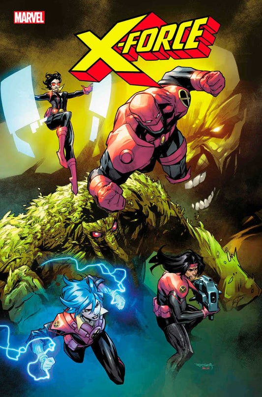 Comic book cover: characters with weapons, red and black suits, blue hair, and electric powers.