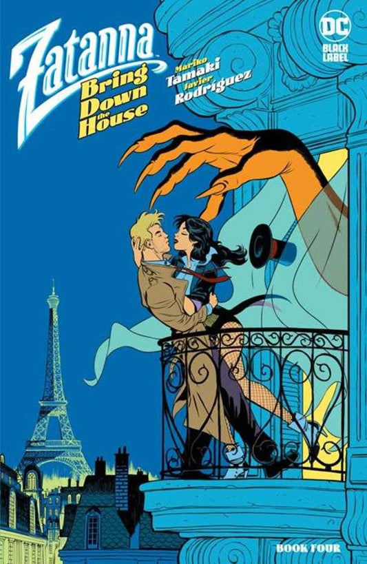 Comic book cover: Zatanna kissing a man on a Parisian balcony, ominous hand above, Eiffel Tower in background.
