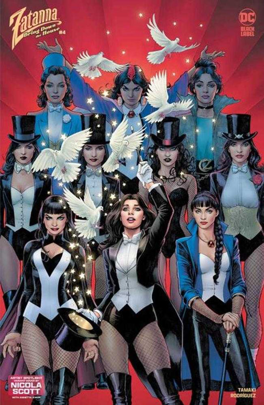 A comic book cover with several female magicians dressed in elegant suits, accompanied by white doves on a red background.