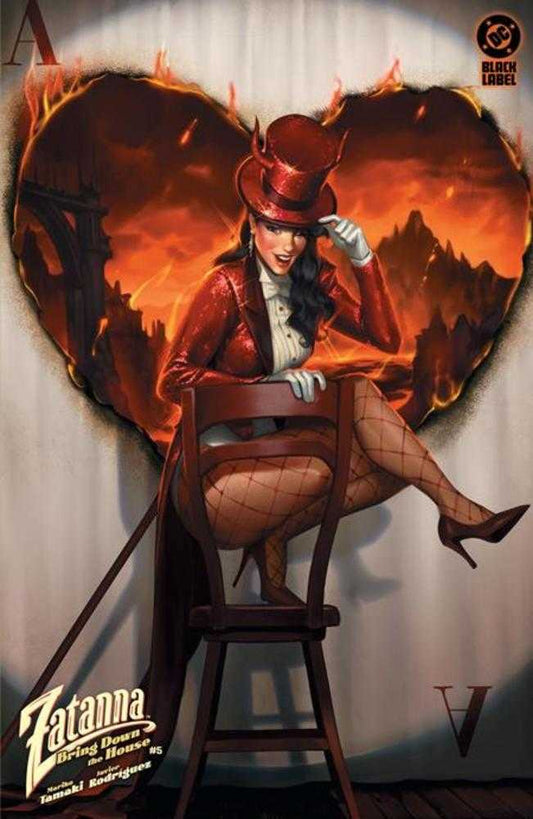 Comic book cover featuring Zatanna in a red top hat and suit, sitting on a chair, with a fiery heart-shaped background.