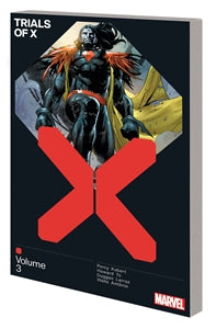 Here are some appropriate alt tags for the image, focusing on visual details:

* Comic book cover: Trials of X, Volume 3, featuring a muscular character in dark clothing and a yellow cape.
* Trials of X, Volume 3 cover: a figure in black with a yellow cape stands behind a red X.
*  Trials of X comic book cover with a dark-skinned superhero.
* Illustration on cover of "Trials of X" comic book.
