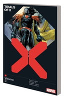 Here are some appropriate alt tags for the image, focusing on visual details:

* Comic book cover: Trials of X, Volume 3, featuring a muscular character in dark clothing and a yellow cape.
* Trials of X, Volume 3 cover: a figure in black with a yellow cape stands behind a red X.
*  Trials of X comic book cover with a dark-skinned superhero.
* Illustration on cover of "Trials of X" comic book.
