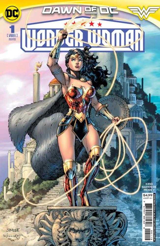 Wonder Woman comic book cover: Wonder Woman in armor, cape, holding lasso, standing on lion head statue.