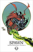 Comic book cover: Spawn, red cloak, green energy, skull logo.