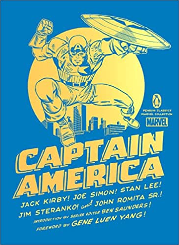 Captain America comic book cover; blue background, gold illustrations of Captain America, city skyline, and title text.
