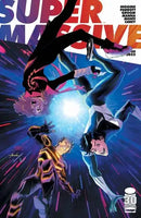 Comic book cover: "Supermassive" featuring four characters in mid-air against a background of light streaks and a bright central light source.