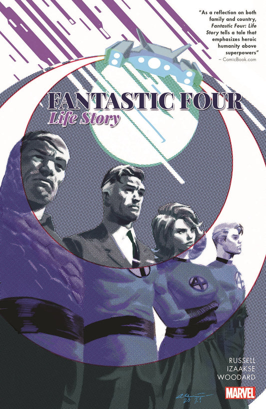 Comic book cover featuring the Fantastic Four in a halftone pattern, set against a background with an abstract purple design and a spaceship, and text.
