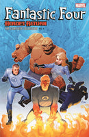 Fantastic Four comic book cover. Humanoid figures in costumes. Fiery background.