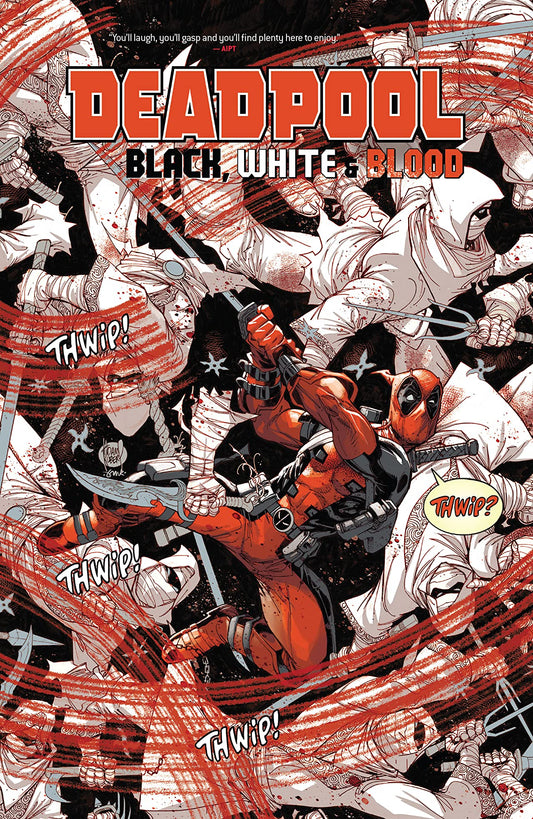 Comic book cover for Deadpool: Black, White & Blood, featuring Deadpool surrounded by ninjas.