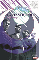 Comic book cover featuring the Fantastic Four in a halftone pattern, set against a background with an abstract purple design and a spaceship, and text.