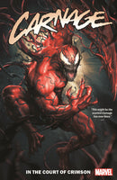 Comic book cover featuring Carnage, the Marvel supervillain, with the title "Carnage in the Court of Crimson." Carnage is depicted in a dynamic, crouching pose with a menacing expression. The red and black symbiote costume covers his muscular body.