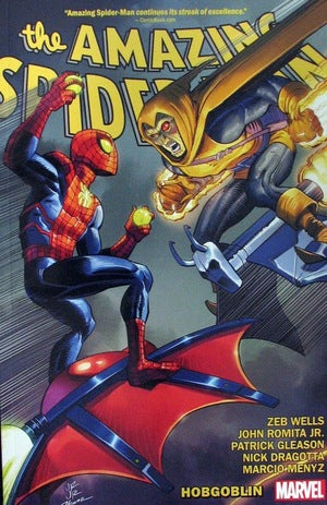 Comic book cover featuring Spider-Man holding apples and Hobgoblin on a glider.