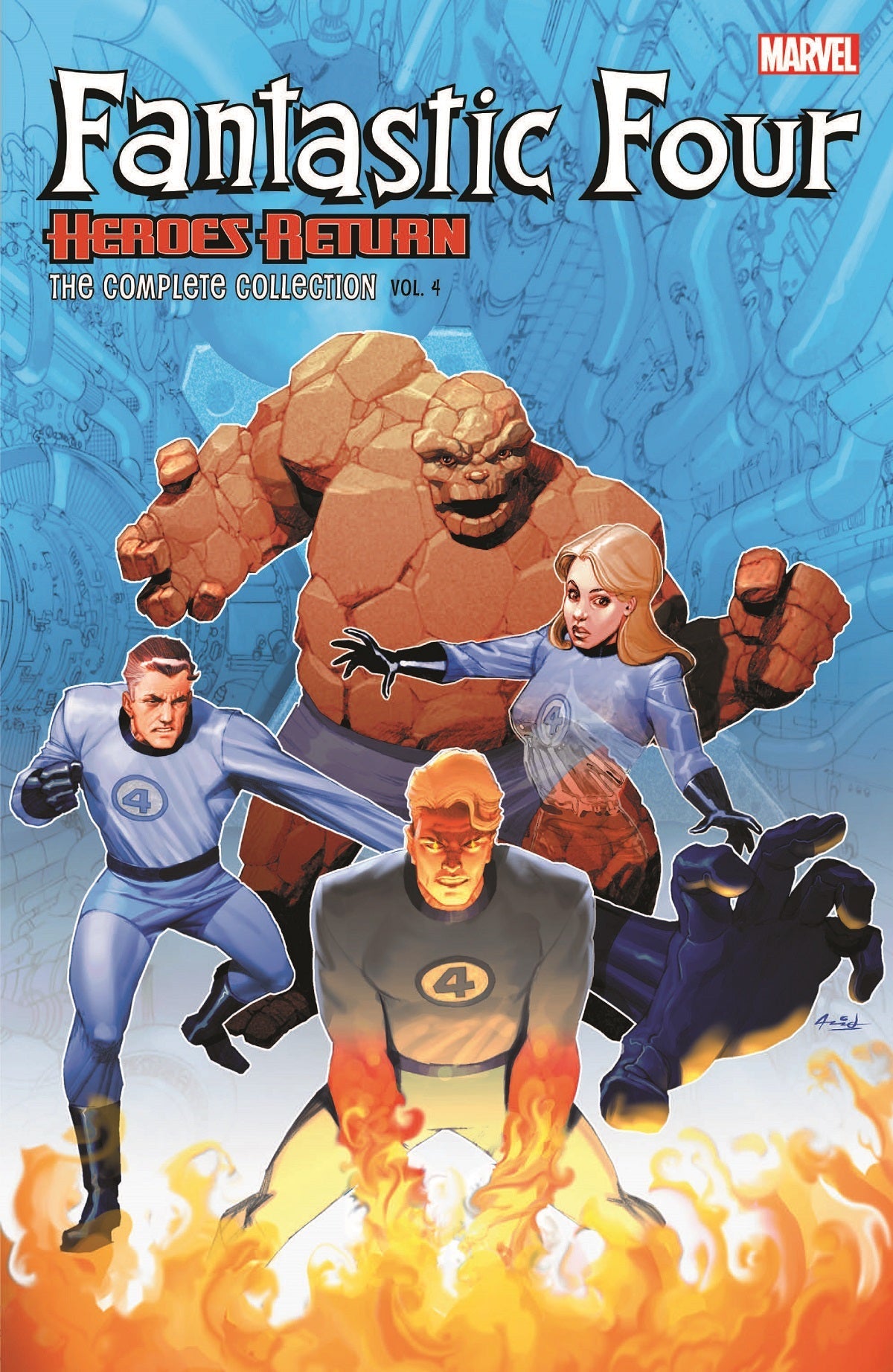 Fantastic Four comic book cover. Humanoid figures in costumes. Fiery background.