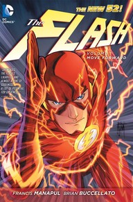 Here are some descriptive alt tags for the product image:

* Comic book cover of "The Flash: Vol. 1 Move Forward" featuring The Flash in his red and yellow costume.
* Close-up of The Flash in a red suit with yellow lightning bolt emblem, on a comic book cover.
* "The Flash" comic book cover with The Flash in dynamic pose, red and yellow suit, lightning effects.
* The Flash comic book cover, New 52 era, featuring Barry Allen in a streamlined red and yellow suit.
