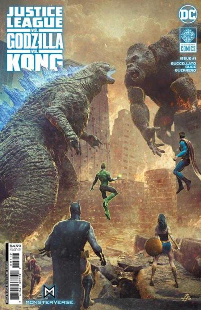 Comic book cover: "Justice League vs. Godzilla vs. Kong" with Godzilla, Kong, and Justice League members including Superman, Batman, Green Lantern, and Wonder Woman.
