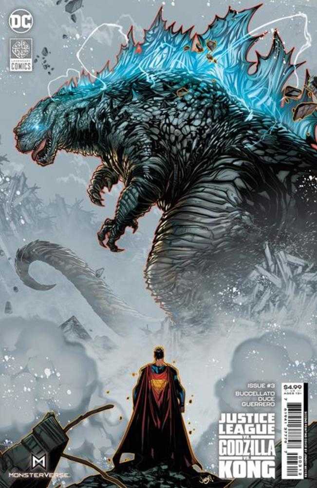 Comic book cover of Justice League vs. Godzilla vs. Kong, issue #3, featuring Superman facing a large Godzilla.