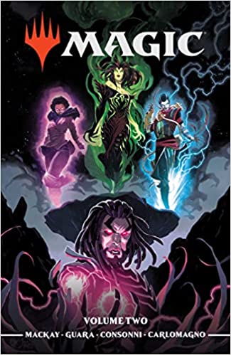 Comic book cover with four characters, each glowing different colors, with the title "Magic" in white at the top. The characters are set against a dark background, and the bottom of the cover says "Volume Two" and lists the names "Mackay, Guara, Consonni, Carlomagno."