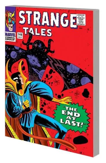 Comic book cover featuring Doctor Strange in a blue and brown outfit against a red backdrop with cosmic designs.