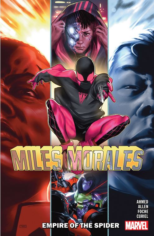 Comic book cover: Miles Morales, Spider-Man, enemies, collage, text.