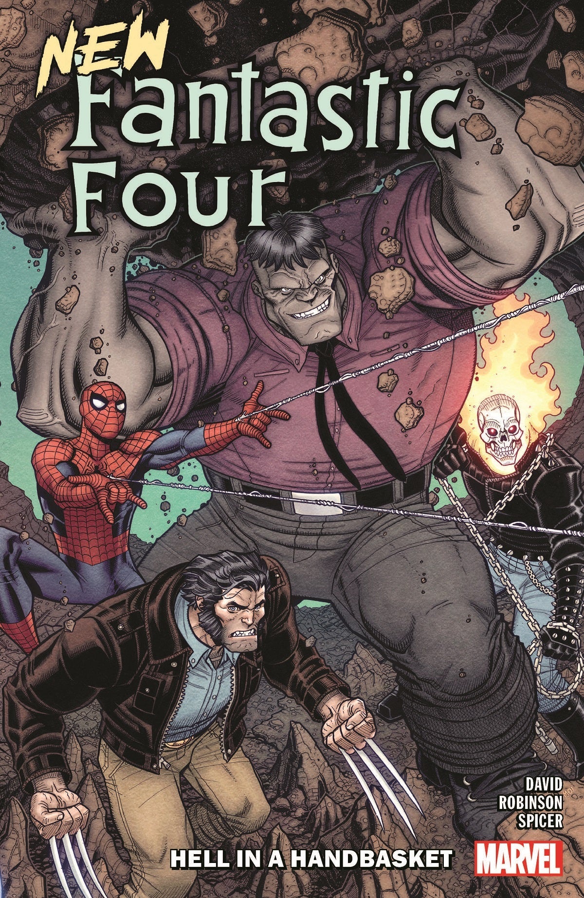 Comic book cover with Hulk, Spider-Man, Wolverine, and Ghost Rider.
