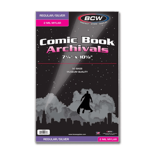 Comic book archival bags. Regular/Silver. 2 Mil Mylar. BCW brand. Superhero silhouette. Museum quality. 50 bags. 7 1/4" x 10 1/2".
