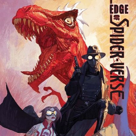 Comic book cover featuring a red dinosaur, Spider-Man Noir, and a Spider-Woman character.