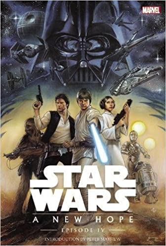 Comic book cover featuring Darth Vader, Luke Skywalker, Princess Leia, Han Solo, Chewbacca, C-3PO, and R2-D2 in a painted illustration.