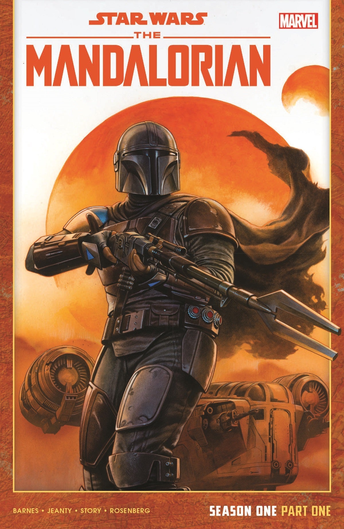 Comic book cover featuring The Mandalorian holding a rifle in front of his ship, with the Star Wars logo and Marvel logo on the top.