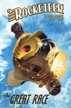 Comic book cover featuring The Rocketeer in flight, wearing a gold helmet and brown jacket.