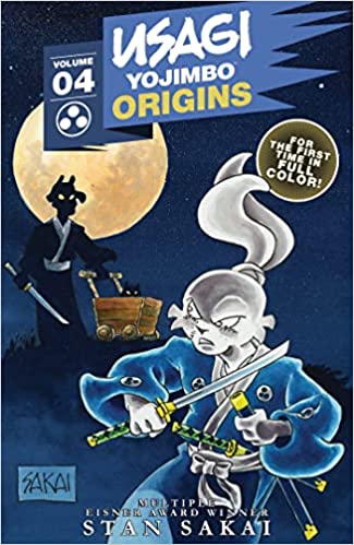 Comic book cover with a rabbit warrior holding two swords, moon in the background.